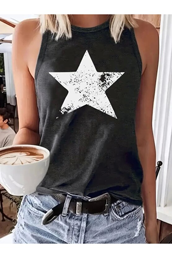 Kadın Askılı Yuvarlak Yaka Yıldız Desenli Süprem Bluz