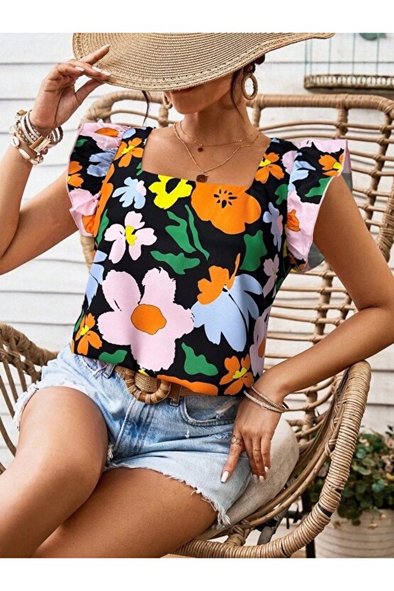 Kadın Kısa Fırfır Kollu Kare Yaka çiçek Desenli Ithal Keten Bluz