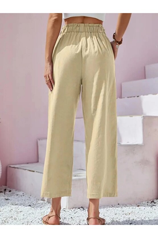 Kadın Bel Büzgü Ve Düğme Detay Kapri Keten Pantolon