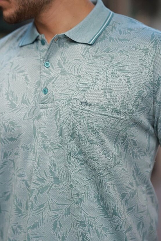 Erkek Yakalı Jakar Baskılı Kısa Kollu T-shirt