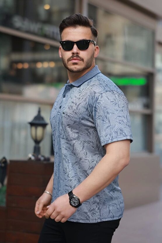 Erkek Yakalı Jakar Baskılı Kısa Kollu T-shirt