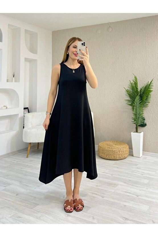 Kadın Askılı Yuvarlak Yakalı Asimetrik Kesim Detaylı Viskon Elbise