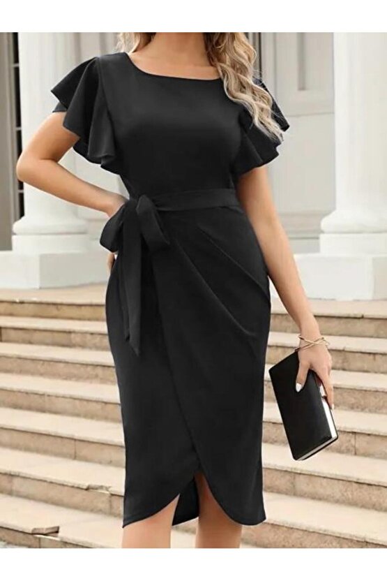 Kadın Kısa Fırfır Kollu Yakası Açık Belden Kuşaklı çapraz Kesim Detaylı Ithal Krep Elbise