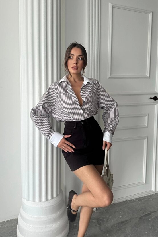 YAKA VE MANŞET BEYAZ BOYFRİEND ÇİZGİLİ POPLİN GÖMLEK - Kahverengi