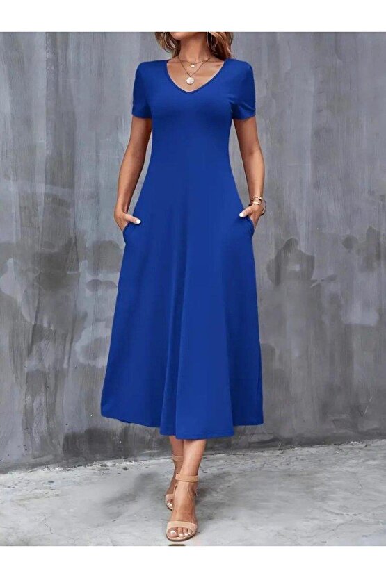 Kadın Kısa Kollu V Yakalı Cepli Viskon Elbise