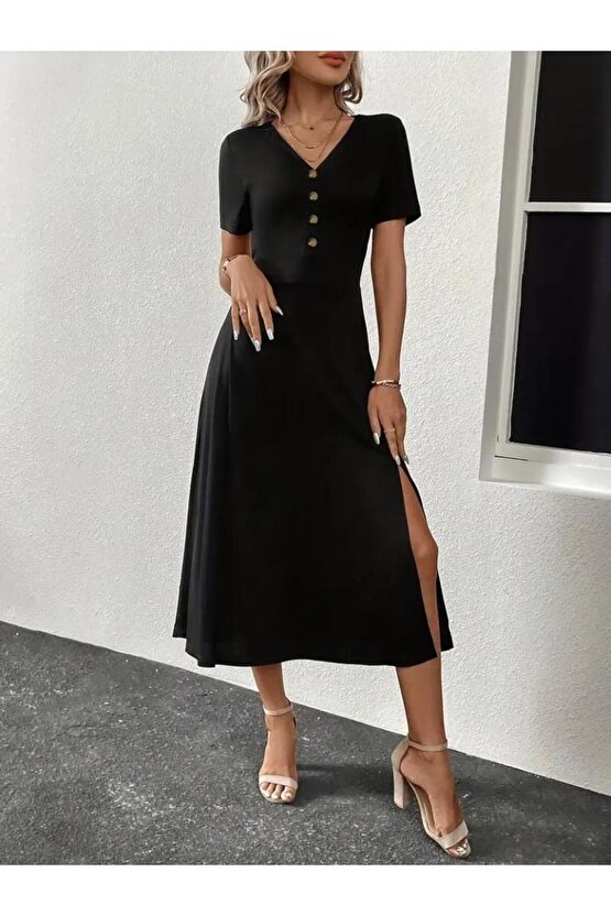 Kadın Kısa Kollu V Yakalı önden Düğmeli Yırtmaçlı Midi Viskon Elbise