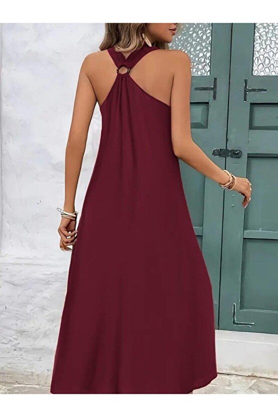 Kadın Askılı V Yakalı Halka Detaylı Maksi Boy Viskon Elbise