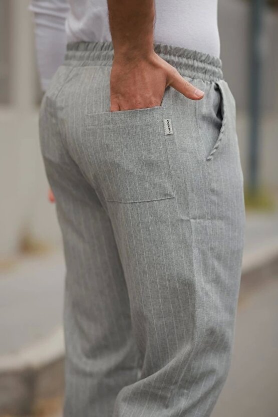 Erkek Beli Bağcıklı çizgili Pantolon