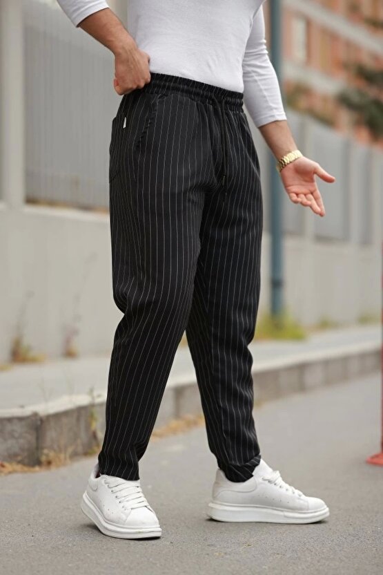 Erkek Beli Bağcıklı çizgili Pantolon