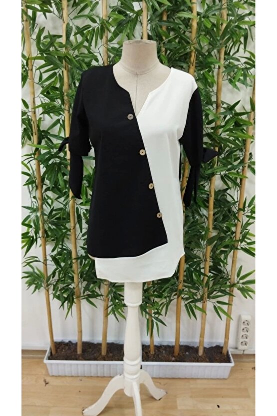 Kadın Kısa Kollu Kollardan Bağlamalı önden Asimetrik Kesim çift Renk Detaylı Düğmeli Ithal Krep Bluz