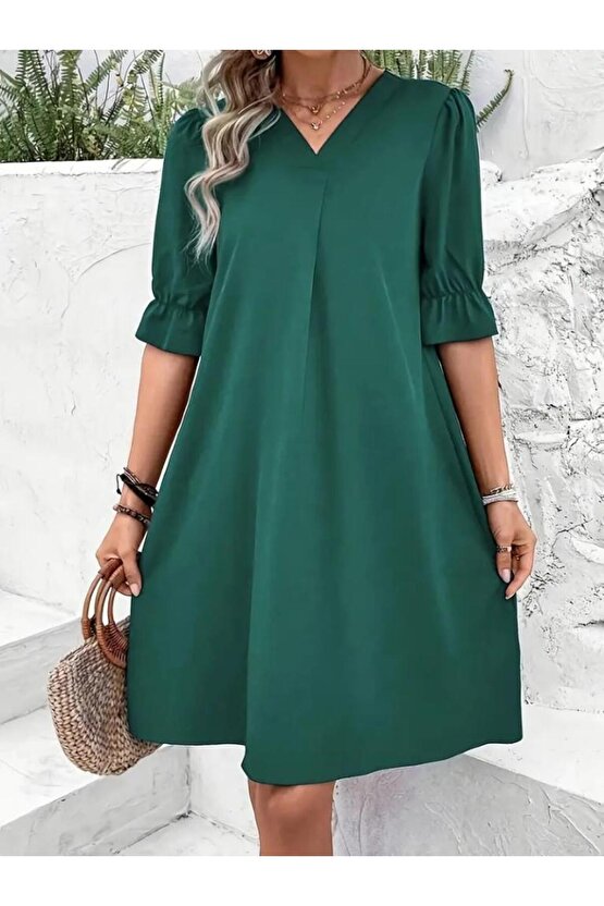 Kadın Kısa Kollu V Yakalı Salaş Janjan Krep Elbise