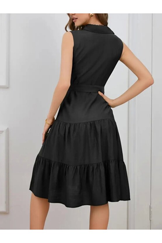 Kadın Kısa Kollu Gömlek Yaka Düğmeli Beli Kuşaklı Katlı Dokuma Midi Elbise