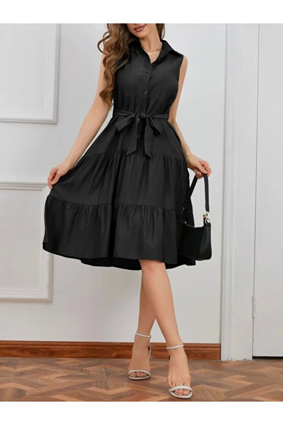 Kadın Kısa Kollu Gömlek Yaka Düğmeli Beli Kuşaklı Katlı Dokuma Midi Elbise