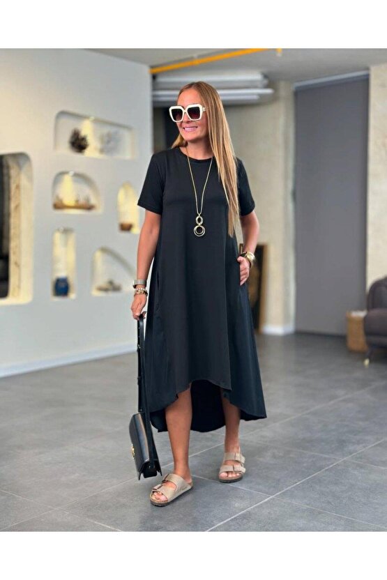 Kadın Kısa Kollu Bisiklet Yaka Asimetrik Kesim ön Viskon Arkası Trikoton Elbise