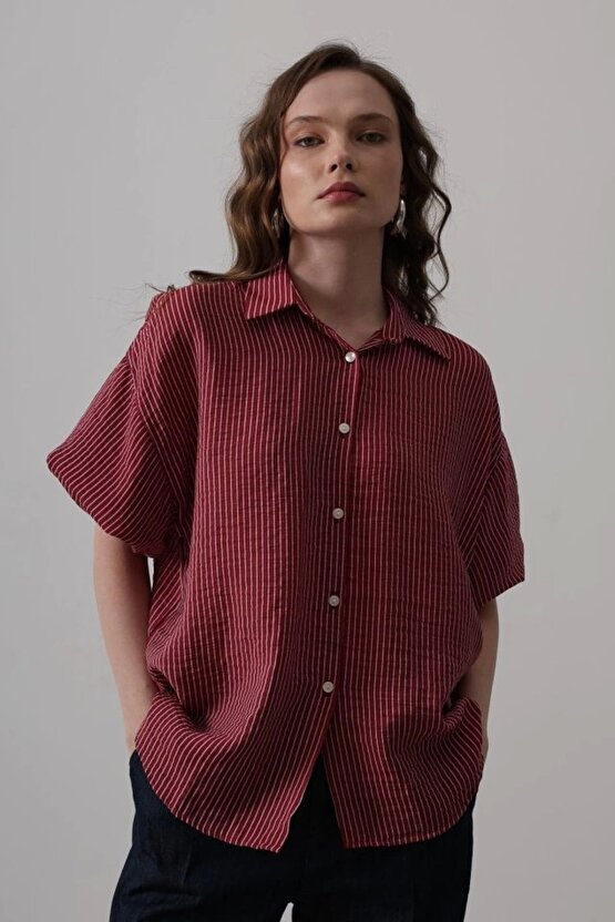 Yarım Balon Kol Çizgili Gömlek - Bordo