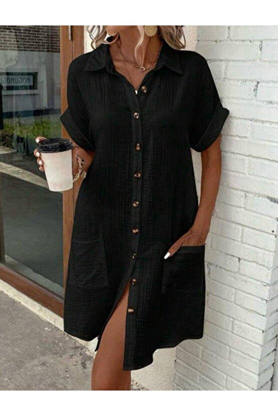 Kadın Kısa Kollu Bisiklet Yaka Yandan Yırtmaçlı Viskon Midi Elbise