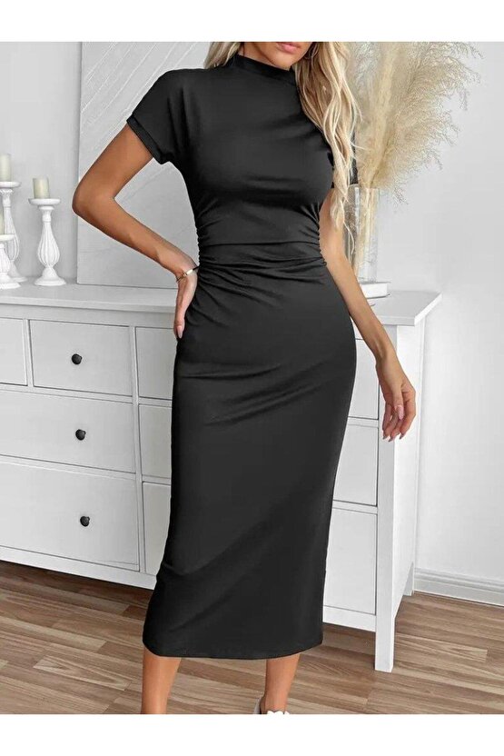 Kadın Yarı Balıkçı Yaka Yırtmaçlı Dalgıç Midi Elbise