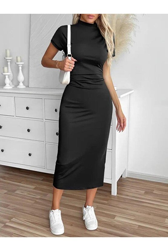 Kadın Yarı Balıkçı Yaka Yırtmaçlı Dalgıç Midi Elbise