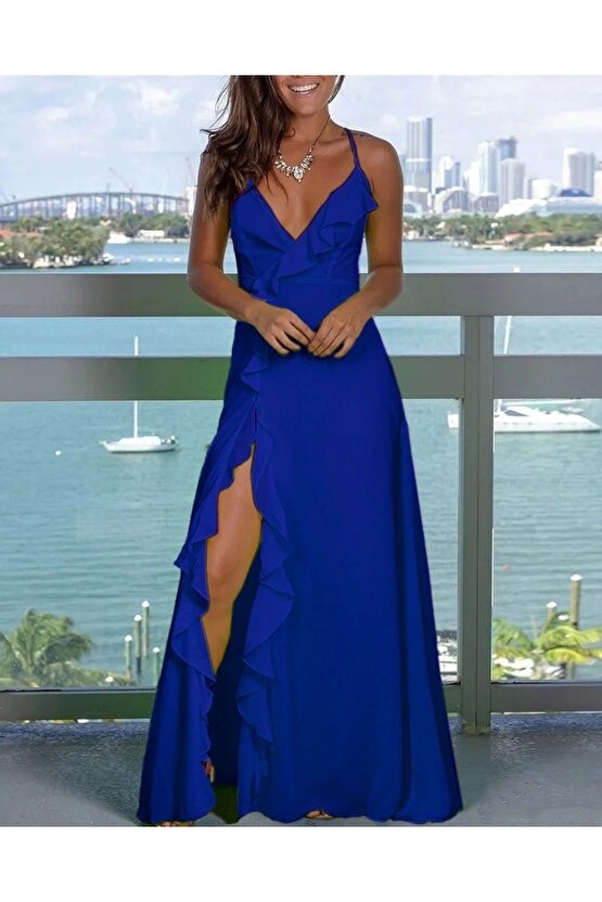 Kadın Ip Askılı Dekolteli Yırtmaç Detay Krep Elbise