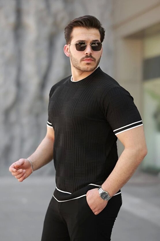 Erkek Jakarlı Ribanalı Kısa Kollu T-shirt