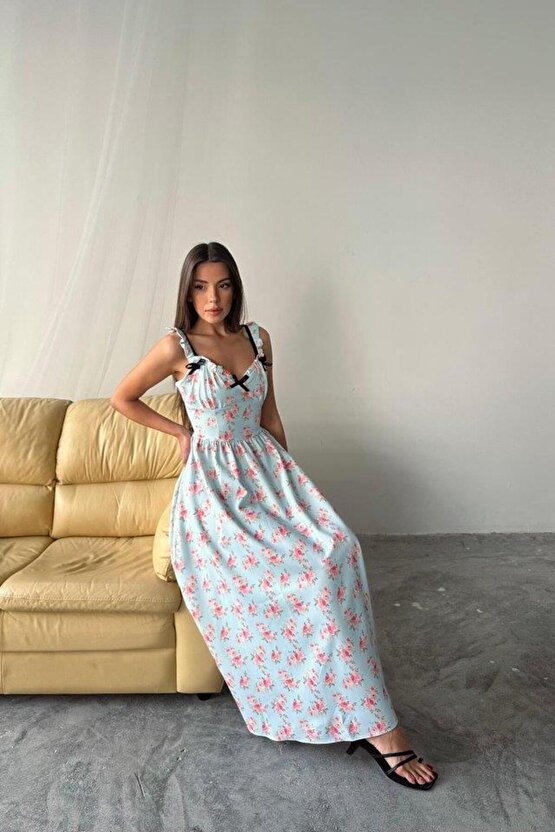 Bebe Mavi Önü Fiyonklu Çiçekli Elbise