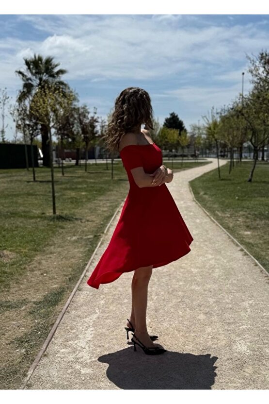 Kadın Kısa Kollu Madonna Yaka önü Kısa Arkası Uzun Ithal Krep Elbise