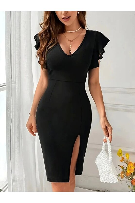 Kadın Kısa Kollu V Yakalı Kolları Volanlı Yandan Yırtmaçlı Kısa Janjan Krep Elbise