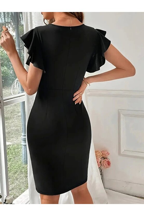 Kadın Kısa Kollu V Yakalı Kolları Volanlı Yandan Yırtmaçlı Kısa Janjan Krep Elbise