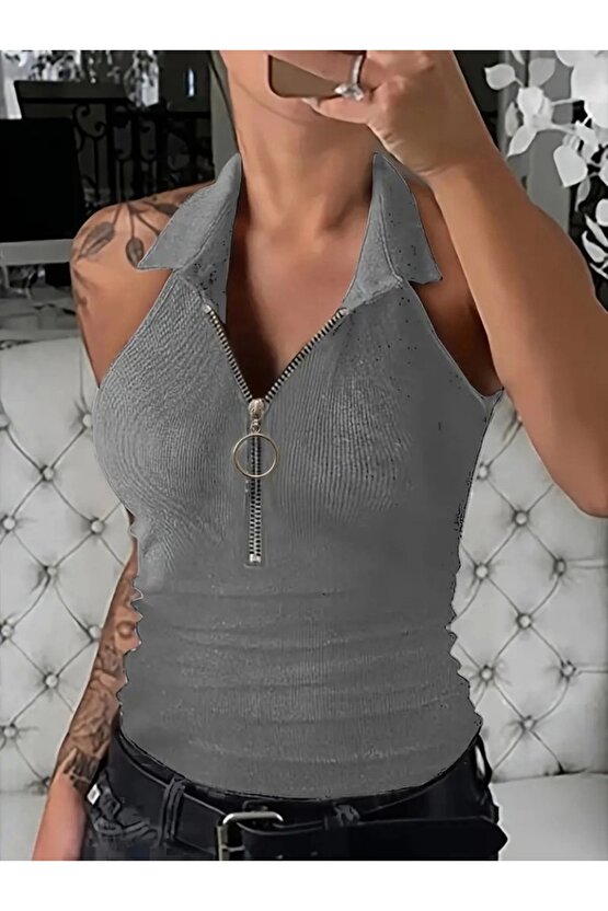 Kadın Kolsuz Polo Yaka önü Fermuarlı Kaşkorse Bluz