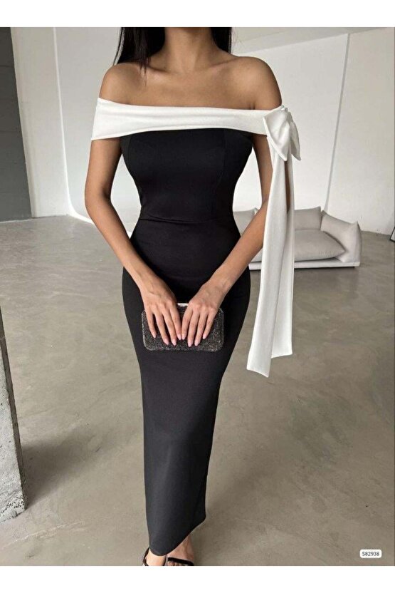 Kadın Madonna Yaka Skuba Krep Kumaş Kurdale Detay Elbise