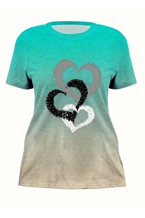 Kadın Kısa Kollu Bisiklet Yaka Kalp Baskılı Süprem Bluz