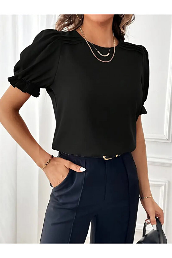 Kayran Clein Kadın Kısa Kollu Bisiklet Yaka Kolları Gipeli Ithal Krep Bluz