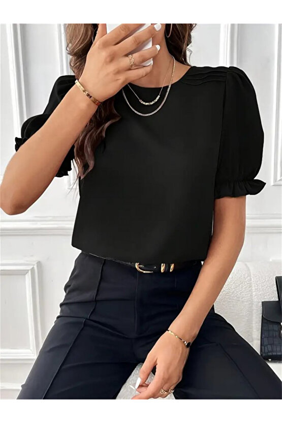 Kayran Clein Kadın Kısa Kollu Bisiklet Yaka Kolları Gipeli Ithal Krep Bluz