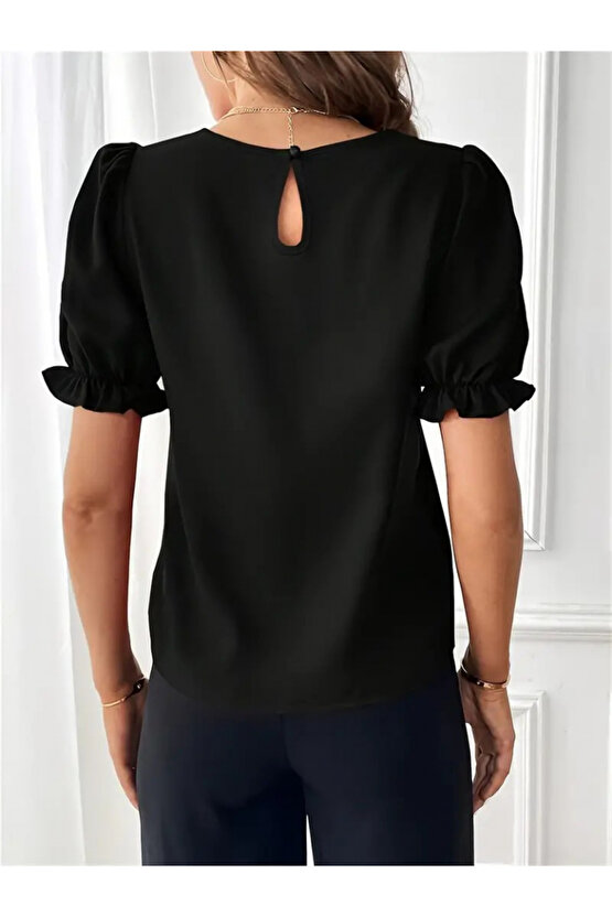 Kayran Clein Kadın Kısa Kollu Bisiklet Yaka Kolları Gipeli Ithal Krep Bluz