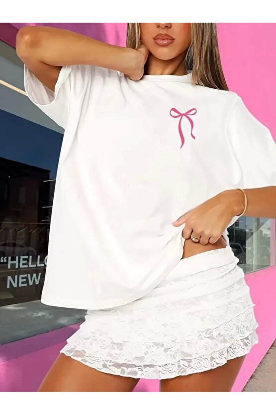 Fiyonk Ön Arka Baskılı Oversize Bisiklet Yaka T-shirt Yazlık - Beyaz