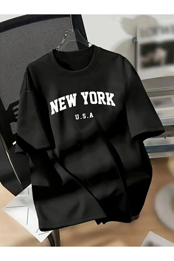 New York Baskılı Oversize Bisiklet Yaka T-shirt - Siyah