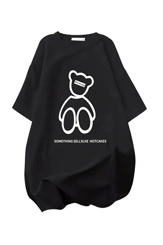 Baskılı Oversize Bisiklet Yaka T-shirt - Siyah