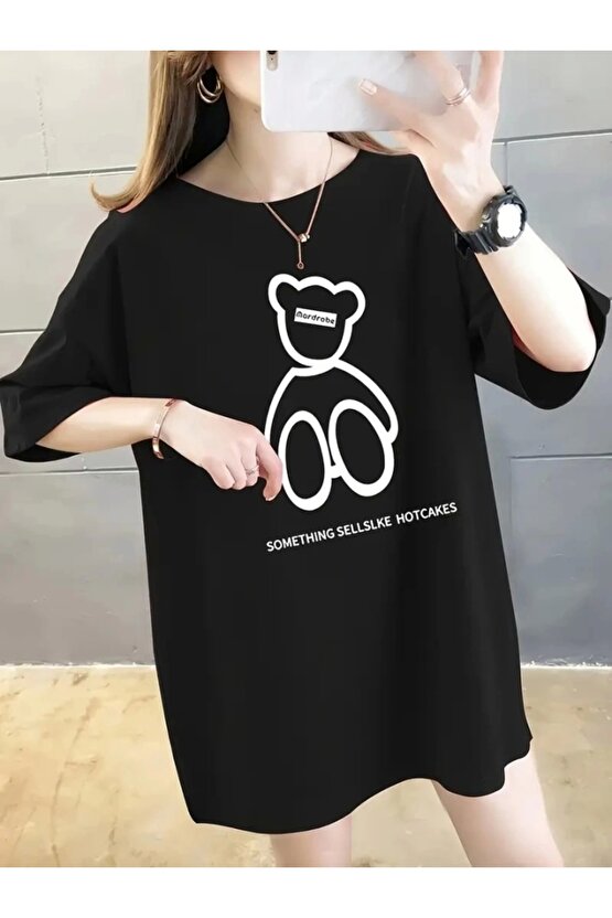 Baskılı Oversize Bisiklet Yaka T-shirt - Siyah