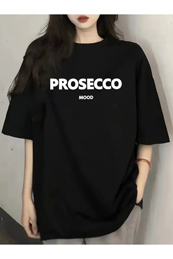 Baskılı Oversize Bisiklet Yaka T-shirt - Siyah