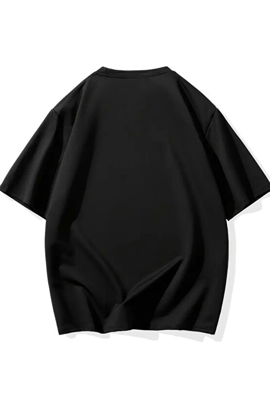 Baskılı Oversize Bisiklet Yaka T-shirt - Siyah