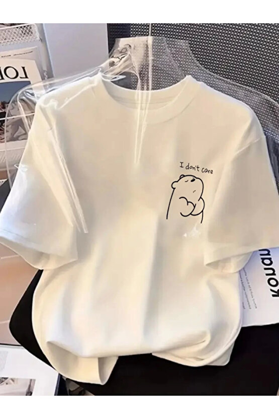 Baskılı Oversize Bisiklet Yaka T-shirt - Beyaz