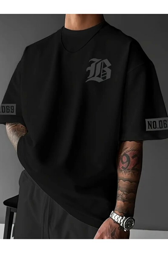 Baskılı Oversize Bisiklet Yaka T-shirt - Siyah