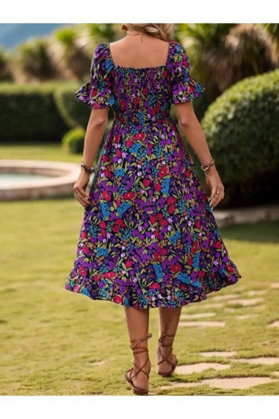 Kadın Kısa Kollu Kare Yakalı Beli Lastikli çiçek Desenli Mini Süprem Elbise