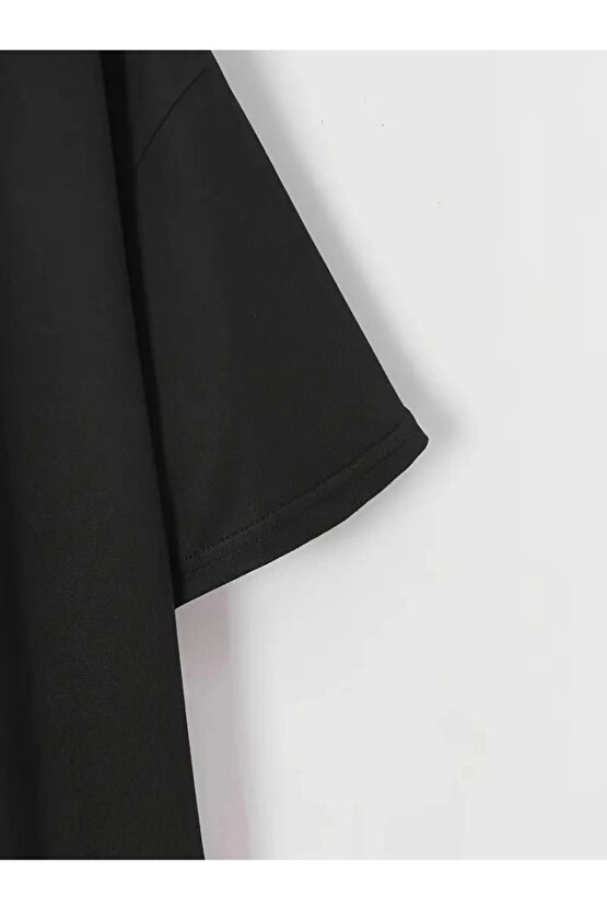 Baskılı Oversize Bisiklet Yaka T-shirt - Siyah
