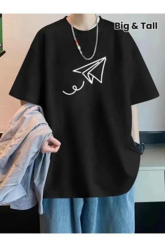 Baskılı Oversize Bisiklet Yaka T-shirt - Siyah