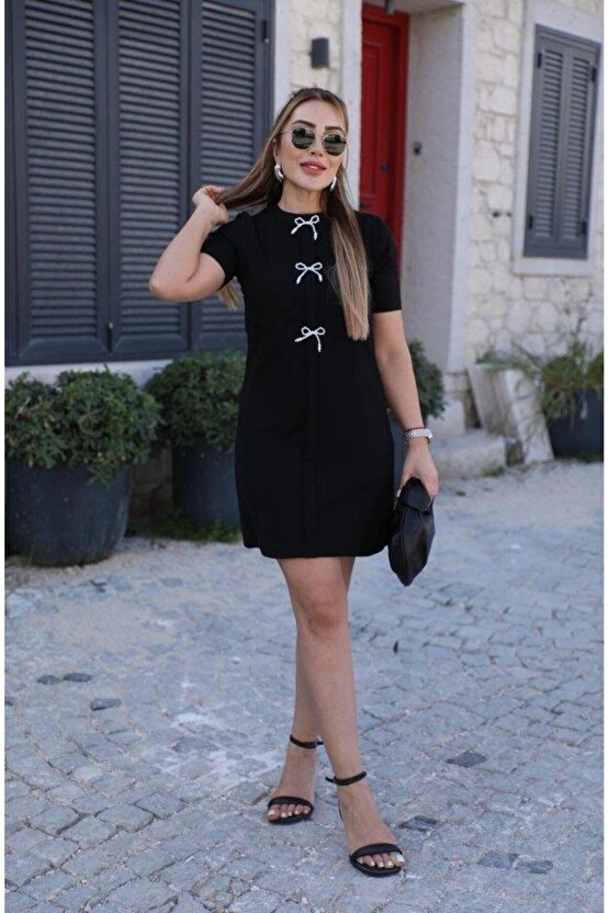 Kadın Kısa Kollu Bisiklet Yaka önden Fiyonk Detaylı Ithal Krep Elbise