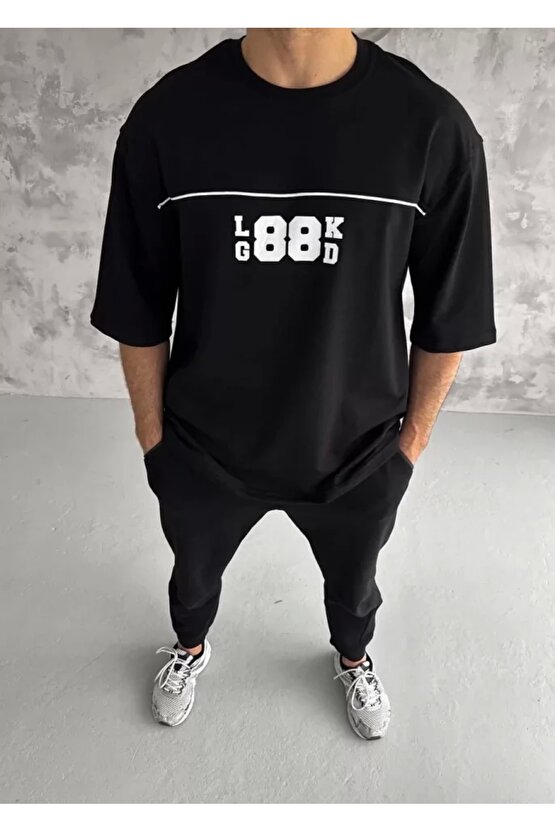 Unisex Bisiklet Yaka Baskılı Oversize T-Shirt - Siyah