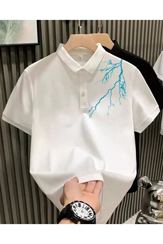 Unisex Yakası Düğmeli Oversize Baskılı TShirt