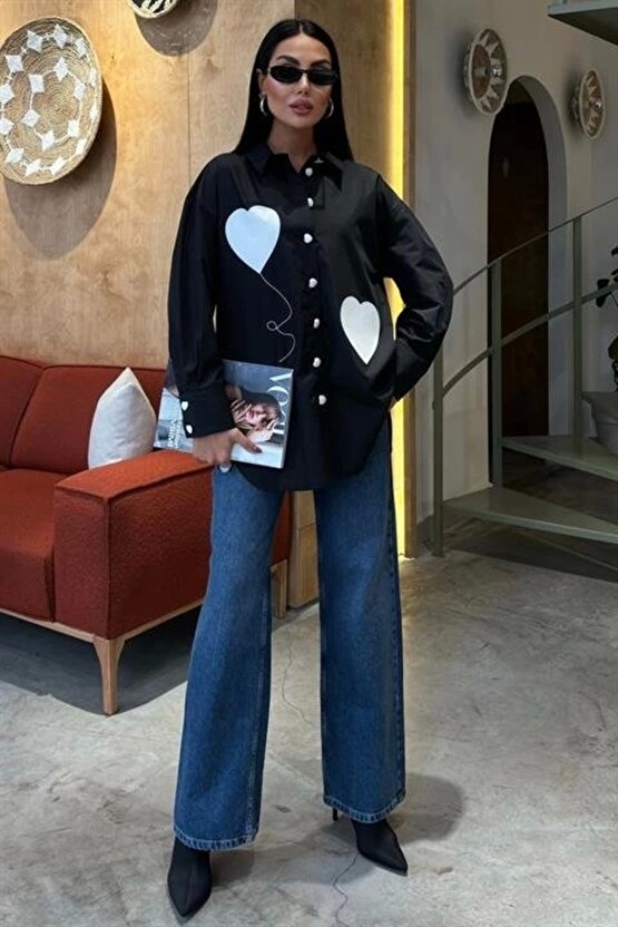 Kalp Nakışlı Ve Düğme Detaylı Oversize Gömlek 3430