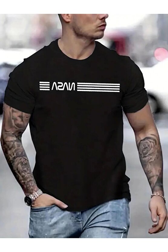 Erkek Kısa Kollu NASA Baskı Bisiklet Yaka T-shirt